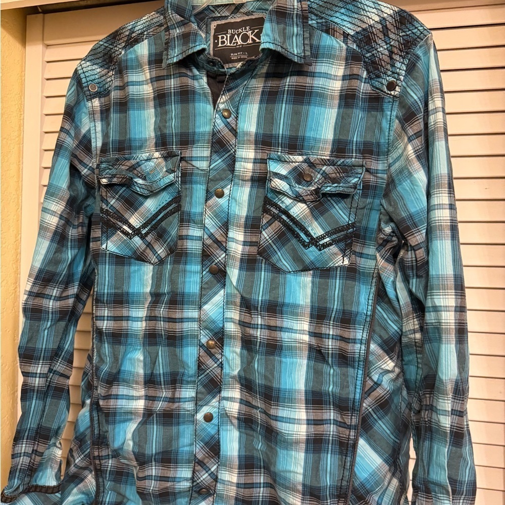 Buckle Black Brand Teal Blue Plaid Men's Shirt Sz L slim
Fit snap buttons - Picture 2 of 12